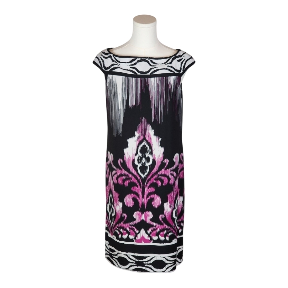 Adrianna Papell Ikat Print Sheath Dress Black Pink Size 10 Cocktail Party